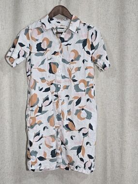 Rachel Zoe White Linen Shirt Dress with Peach & Sage Print
